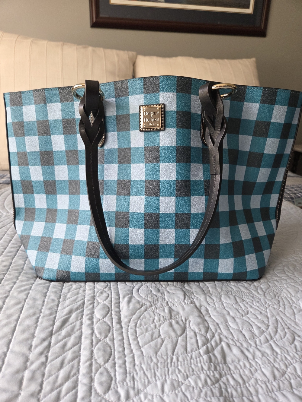 Dooney & Bourke Turquoise Checkered Tote Bag - Picture 2 of 4